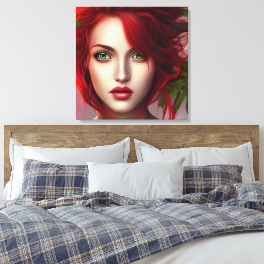 Roodharige meid met abstracte bladeren canvas afdruk (Insitu (Slaapkamer))