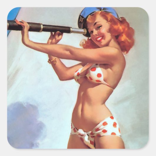 Roodharige met Spyglass Pin Up Vierkante Sticker (Voorkant)