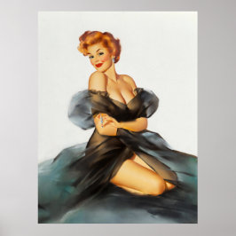 Roodharige met zwarte negligé pinup art poster