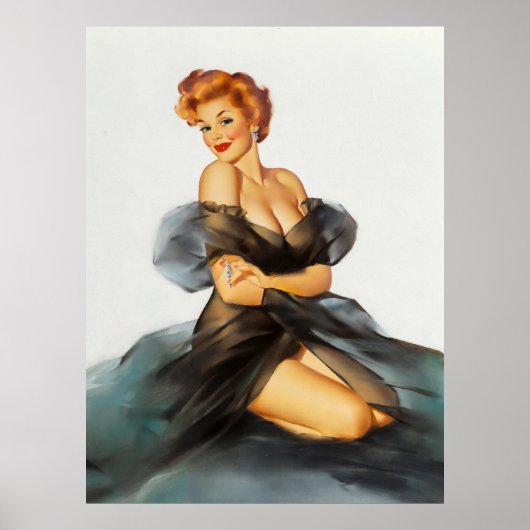 Roodharige met zwarte negligé pinup art poster (Voorkant)