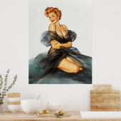 Roodharige met zwarte negligé pinup art poster (Keuken)