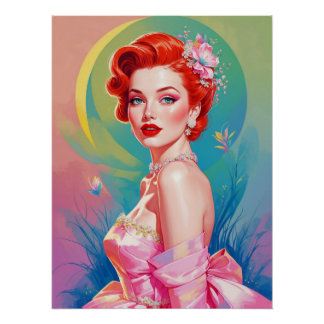Roodharige pin-up in roze bloemenjurk perfect poster