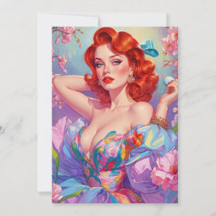 Roodharige Pin-Up met Paasei Roze Bloemen Feestdagenkaart