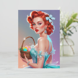 Roodharige Pin-Up Paasmandje Feestdagenkaart
