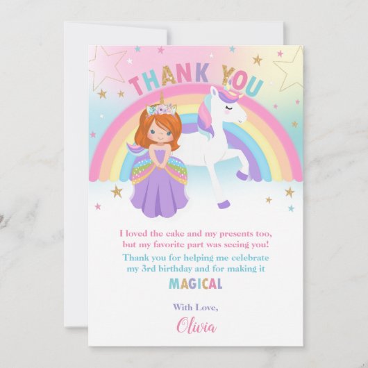 Roodharige prinses en regenboog eenhoorn verjaarda bedankkaart (Voorkant)