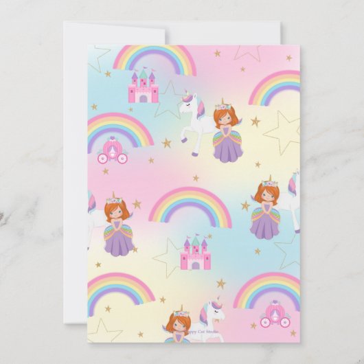 Roodharige prinses en regenboog eenhoorn verjaarda bedankkaart (Achterkant)
