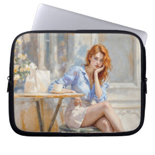 Roodharige schoonheid meisje zitten in een café za laptop sleeve