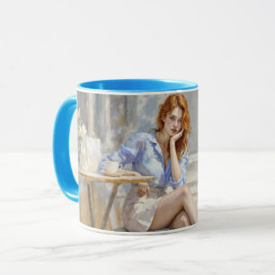 Roodharige schoonheid meisje zitten in een café za mok