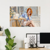 Roodharige schoonheid meisje zitten in een café za poster (Thuiskantoor)