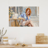 Roodharige schoonheid meisje zitten in een café za poster (Keuken)