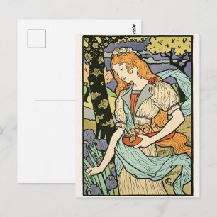 Roodharige vrouw die bloemen plukt Art Nouveau Briefkaart