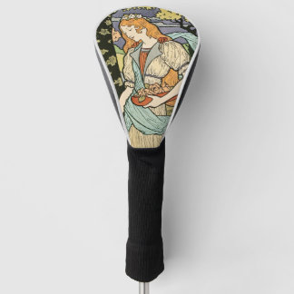 Roodharige vrouw die bloemen plukt Art Nouveau Golfheadcover