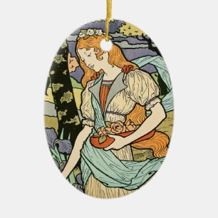 Roodharige vrouw die bloemen plukt Art Nouveau Keramisch Ornament
