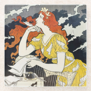 Roodharige vrouw gele jurk klassieke art nouveau glazen onderzetter