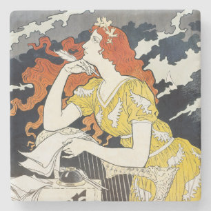 Roodharige vrouw Gele jurk Klassieke Art Nouveau Stenen Onderzetter