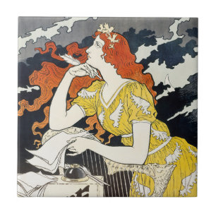 Roodharige vrouw gele jurk klassieke art nouveau tegeltje