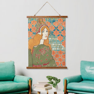 Roodharige vrouw oranje lelies vintage kunstprint hangend wandkleed
