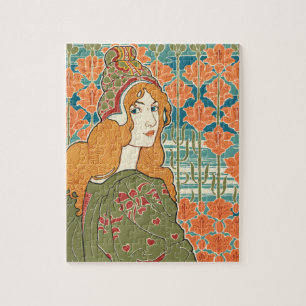 Roodharige vrouw oranje lelies vintage kunstprint legpuzzel