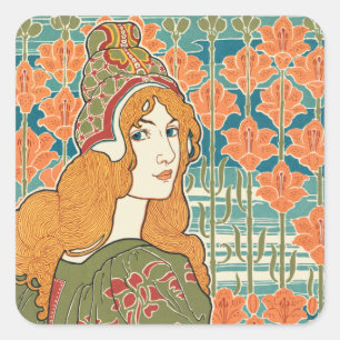 Roodharige vrouw oranje lelies vintage kunstprint vierkante sticker