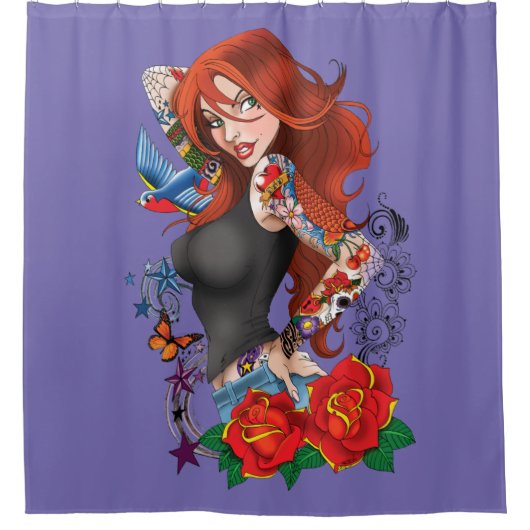 Roodharige Vrouw Tattoos Douchegordijn (Voorkant)