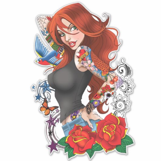 Roodharige Vrouw Tattoos Sticker (Voorkant)