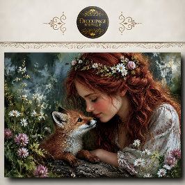 Roodharige Vrouw Vos Wilde Bloemen Decoupage Tissuepapier