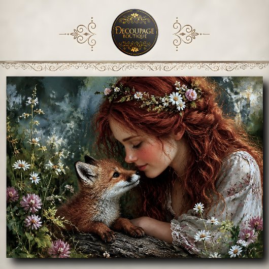 Roodharige Vrouw Vos Wilde Bloemen Decoupage Tissuepapier