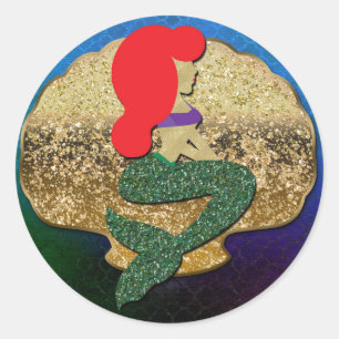 Roodharige Zeemeermin Gouden Schelp Feest Favor Ronde Sticker