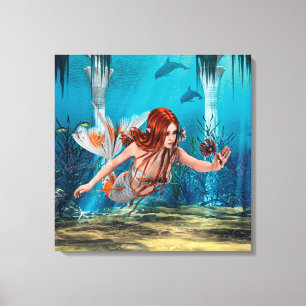 Roodharige Zeemeermin Onderwater Fantasie Kunst Canvas Afdruk
