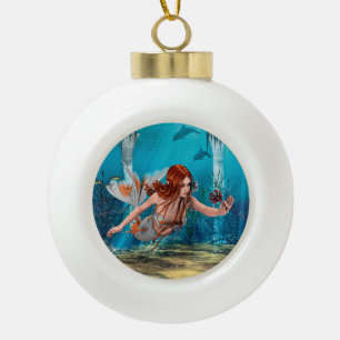 Roodharige Zeemeermin Onderwater Fantasie Kunst Keramische Bal Ornament