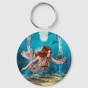 Roodharige Zeemeermin Onderwater Fantasie Kunst Sleutelhanger