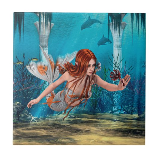Roodharige Zeemeermin Onderwater Fantasie Kunst Tegeltje (Voorkant)