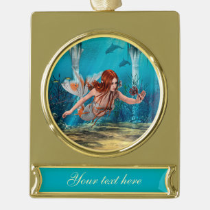 Roodharige Zeemeermin Onderwater Fantasie Kunst Verguld Banner Ornament
