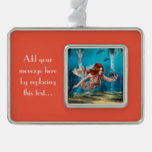 Roodharige Zeemeermin Onderwater Fantasie Kunst Verzilverd Omlijst Ornament