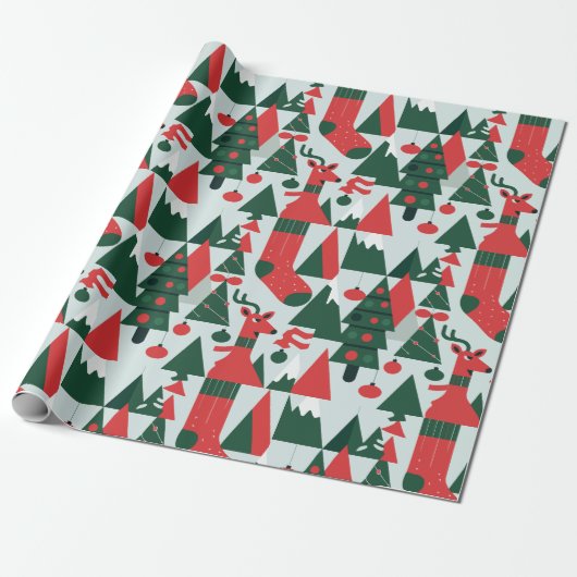 Roodhert, schattige kerstboom cadeaupapier (Uitgerold)