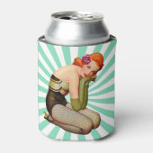Roodhoofd Pin-up meisje met roos Koelbox Blikjeskoeler (Blikje Voorkant)