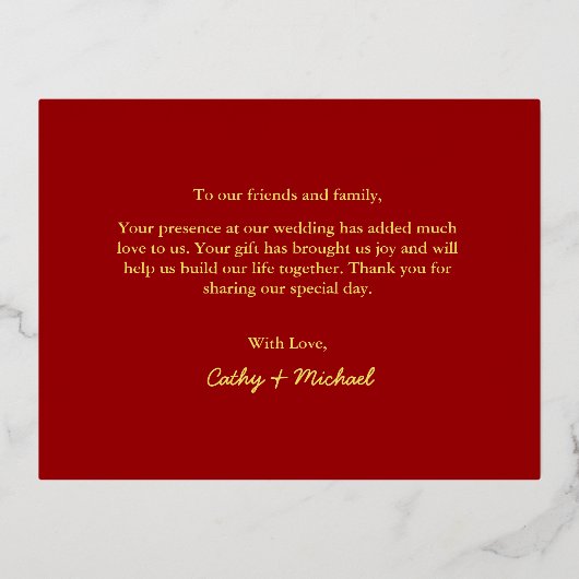 Roodkaartbestemming bruiloft bedankt folie feestdagen briefkaart (Achterkant)
