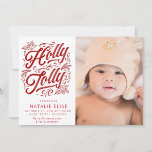 Roodkalligrafie holly jolly geboorteaankondiging feestdagenkaart