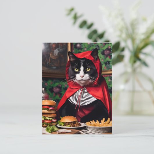 Roodkapje Kat eet Cheesburger en Fries Briefkaart (Staand voorkant)