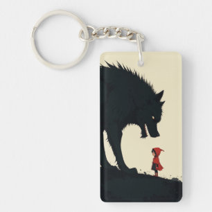 Roodkapje tegenover dreigende zwarte wolf sleutelhanger