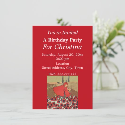 Roodkapje verjaartag pakt bloemen kaart (Staand voorkant)