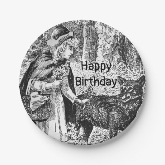 Roodkapje Wolf Hout Verjaardag Zwart Wit Papieren Bordje (Voorkant)
