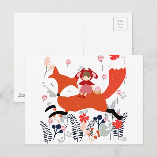 Roodkapmeisje en vos in bloemtuin briefkaart (Voorkant / Achterkant)