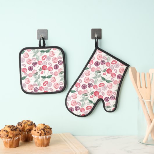 Roodkerbes, stijlvol ovenwant & pannenlap set (Insitu(Ophanging))
