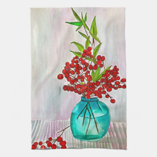 Roodkerstaven waterverf fijne kunst theedoek