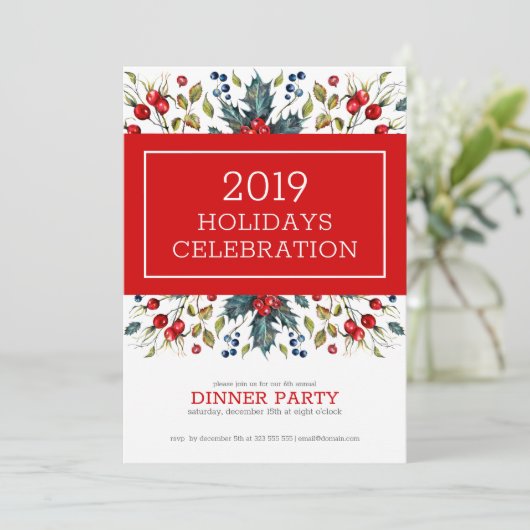 Roodkerstbessen Uitnodiging voor feestdag (Staand voorkant)