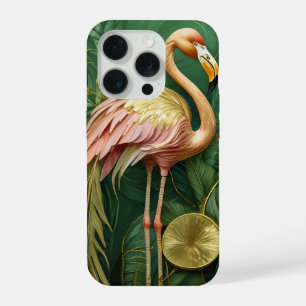 Roodkleurige Flamingo Glanzend Goud, Elegant iPhone 15 Pro Case