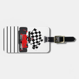 Roodkoningsauto met gecheckte vlag bagagelabel