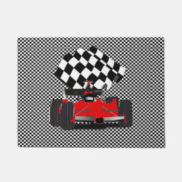 Roodkoningsauto met gecheckte vlag deurmat