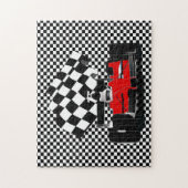 Roodkoningsauto met gecheckte vlag Jigzaag Puzzle Legpuzzel (Verticaal)